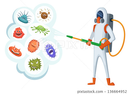 Disinfector character. Pest control mascot with chemical poison Disinfector character. Pest control mascot with chemical poison 136664952