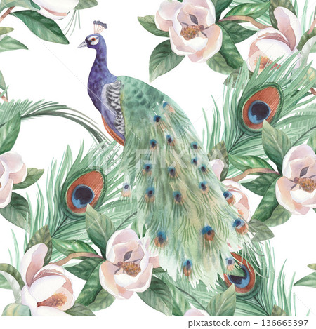 Seamless pattern of the peacock, peacock's feathers and the magnolia. Handmade watercolor illustration. For cards, cover, wallpaper, prints, product labels and fabric. 136665397