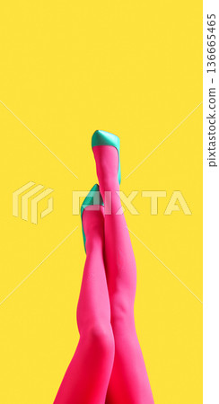 Female legs in pink tights and green heels on bright yellow background. Female legs in pink tights and green heels on bright yellow background. 136665465