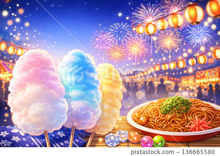夏季煙火和節日小吃攤的圖片（人工智慧生成圖像） 136665580