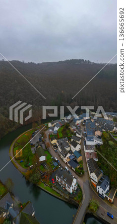 Esch-Sur-Sure, Wiltz, Grand Duche De Luxembourg, December 7, 2025, Wiltz River Bend Aerial Village 136665692