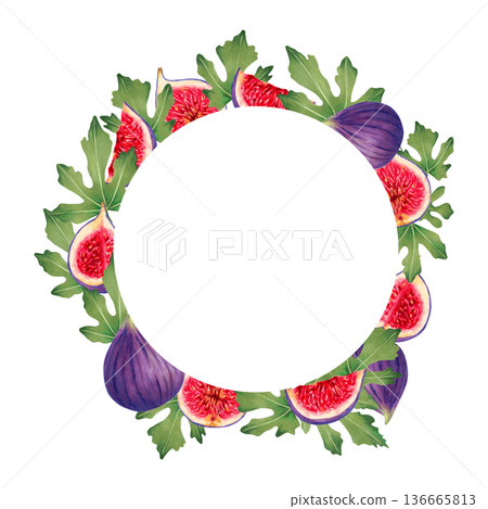 Round frame of figs. Botanical wreath of fresh, ripe purple figs, slices, and leaves. Watercolor illustration. Hand drawn isolated art. Suitable for postcards, packaging and menu. 136665813