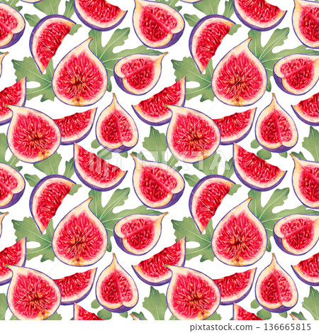 Seamless pattern of fig slices with red flesh and leaves. Watercolor botanical illustration. Hand drawn isolated art. Background with tropical berrie. Suitable for textiles, fabric, and wallpaper. Seamless pattern of fig slices with red flesh and leaves. Watercolor botanical illustration. Hand drawn isolated art. Background with tropical berrie. Suitable for textiles, fabric, and wallpaper. 136665815