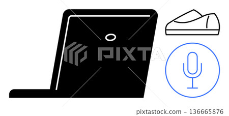 Technology, remote work, virtual communication, audio tools, footwear, minimalism. A laptop, a shoe silhouette and a microphone icon in bold and simple graphic style. Technology and remote work 136665876