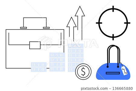 Financial planning, business growth, investment strategies, e-commerce, budgeting, retail. Briefcase, coin stacks arrows target handbag. Financial planning and business growth concept Financial planning, business growth, investment strategies, e-commerce, budgeting, retail. Briefcase, coin stacks arrows target handbag. Financial planning and business growth concept 136665880