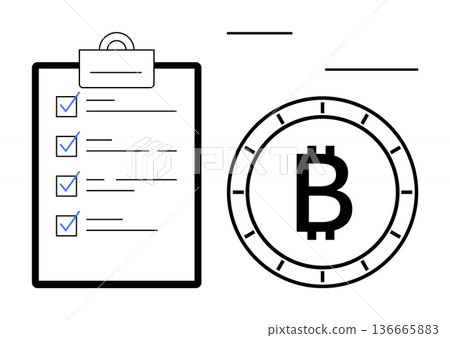 Blockchain, cryptocurrency, digital finance, investment tracking, task management, technology solutions. Clipboard with checklist items and Bitcoin currency icon. Blockchain and cryptocurrency Blockchain, cryptocurrency, digital finance, investment tracking, task management, technology solutions. Clipboard with checklist items and Bitcoin currency icon. Blockchain and cryptocurrency 136665883