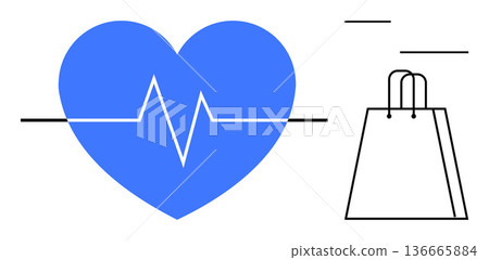 Health tracking, online shopping, retail technology, wellness commerce, lifestyle monitoring, digital health. Blue heart with heartbeat line and shopping bag. Health tracking and online shopping 136665884