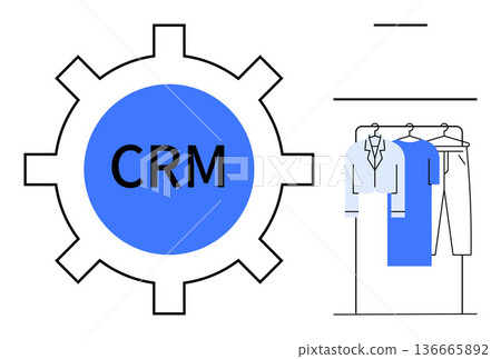 Customer relationship management, retail strategy, business optimization, workflow actions, sales processes, e-commerce solutions. Gear icon with CRM text alongside a clothes rack. CRM and retail Customer relationship management, retail strategy, business optimization, workflow actions, sales processes, e-commerce solutions. Gear icon with CRM text alongside a clothes rack. CRM and retail 136665892