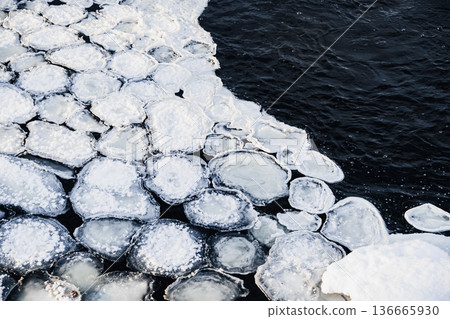 Winter river ice floes on dark water, natural frozen pattern background 136665930