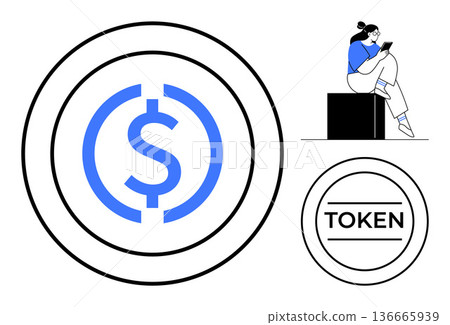 Cryptocurrency, blockchain, fintech, digital transactions, virtual assets, online payments. Dollar symbol inside a circular logo, token label and person using a smartphone. Cryptocurrency 136665939