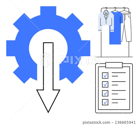 Workflow management, process automation, clothing retail, inventory tracking, task organization, apparel industry. Gear with arrow, clothes rack checklist with checkmarks. Workflow management 136665941
