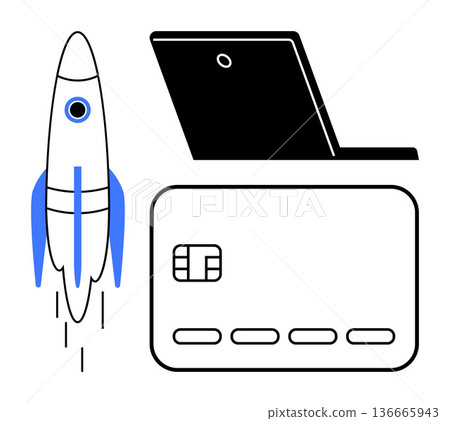 Business expansion, innovation, digital payments, technology, startups, e-commerce. Rocket, laptop and credit card in minimalist style. Business expansion and digital payments concepts 136665943