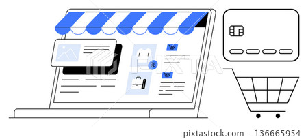 E-commerce, online payments, digital retail, website usability, virtual stores, internet shopping. A laptop screen with a storefront, a shopping cart and a payment card. E-commerce and online 136665954