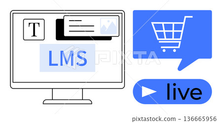 Education technology, e-commerce, digital learning, livestream shopping, online tools, business solutions. A computer screen with LMS interface and a shopping cart with live streaming. Education 136665956