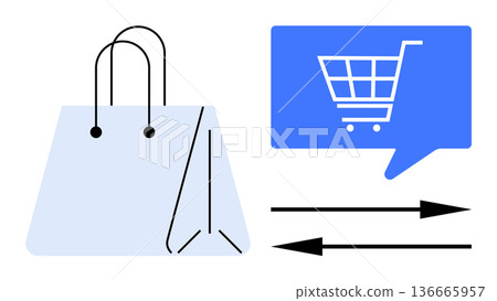 Online shopping, digital transactions, e-commerce solutions, consumer behavior, retail innovation, order management. Shopping bag and cart icon with directional arrows. Online shopping and digital 136665957