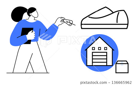 E-commerce, logistics, shipping, storage, retail, consumer delivery. A person holding a parcel, a warehouse icon and a package. E-commerce and logistics concepts visually E-commerce, logistics, shipping, storage, retail, consumer delivery. A person holding a parcel, a warehouse icon and a package. E-commerce and logistics concepts visually 136665962