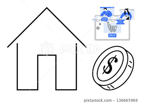 Real estate, e-commerce, financial planning, online transactions, personal finance, investments. A house outline, digital shopping interface and a dollar coin. Real estate and e-commerce theme Real estate, e-commerce, financial planning, online transactions, personal finance, investments. A house outline, digital shopping interface and a dollar coin. Real estate and e-commerce theme 136665969