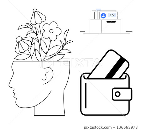 Personal development, career planning, financial management, mindfulness, career opportunities, organization. Head with blooming flowers, job file and wallet holding a credit card. Personal 136665978