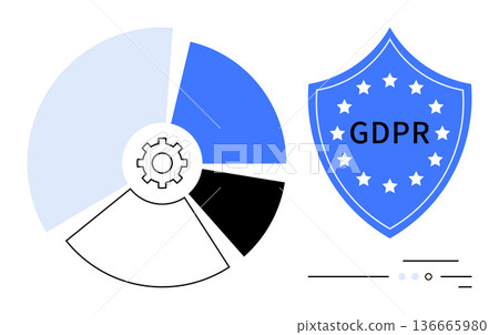 Data privacy, regulation adherence, GDPR compliance, cybersecurity, secure data management, digital protection. Blue shield with GDPR text and gear inside pie chart. GDPR and cybersecurity concept 136665980