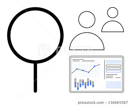Business analysis, marketing strategies, data visualization, customer insights, research efficiency, audience tracking. Magnifying glass, user icons and analytics chart. Business analysis Business analysis, marketing strategies, data visualization, customer insights, research efficiency, audience tracking. Magnifying glass, user icons and analytics chart. Business analysis 136665987