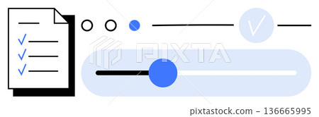 Task management, workflow organization, productivity tools, progress tracking, digital verification, user interface design. A checklist, progress bar and verification mark illustration. Task Task management, workflow organization, productivity tools, progress tracking, digital verification, user interface design. A checklist, progress bar and verification mark illustration. Task 136665995