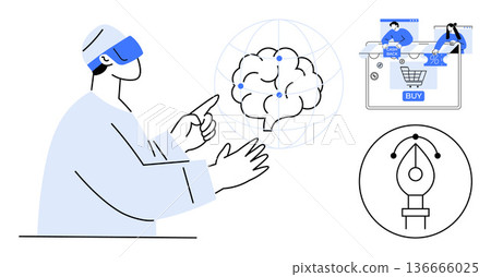 Virtual reality, artificial intelligence, e-commerce, design tools, innovation, tech advancements. Person in VR headset interacting with AI brain, shopping and pen tool icons. Virtual reality and AI 136666025