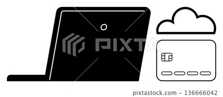 Secure payments, e-commerce, cloud storage, online banking, digital transactions, financial technology. Minimalist design shows a laptop, cloud and credit card. Secure payments and e-commerce 136666042