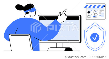 Digital security, authentication, virtual reality, e-commerce, data integrity, user protection. Person using a VR headset with icons thumbs up a screen, shield and online storefront. Digital Digital security, authentication, virtual reality, e-commerce, data integrity, user protection. Person using a VR headset with icons thumbs up a screen, shield and online storefront. Digital 136666043