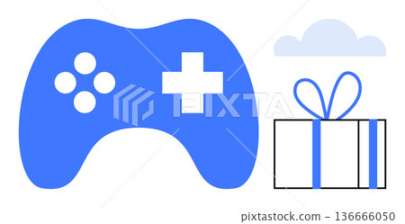 Gaming rewards, in-app purchases, digital gifts, entertainment, online gaming, technology. Blue gaming controller, gift box with ribbon and a cloud icon. Gaming rewards and in-app purchases concept Gaming rewards, in-app purchases, digital gifts, entertainment, online gaming, technology. Blue gaming controller, gift box with ribbon and a cloud icon. Gaming rewards and in-app purchases concept 136666050