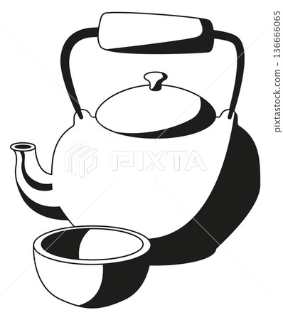Teapot and ceramic tea cup. Chinese relaxation ceremony black icon 136666065
