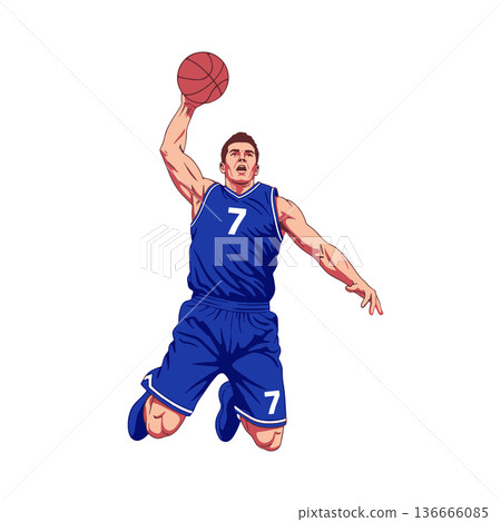 Powerful Dunk Shot by Basketball Player Leaping High with Intense Athleticism in Dynamic Vector Illustration 136666085