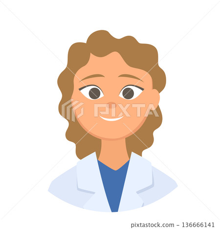 Female doctor face portrait. Cartoon woman in lab coat Female doctor face portrait. Cartoon woman in lab coat 136666141