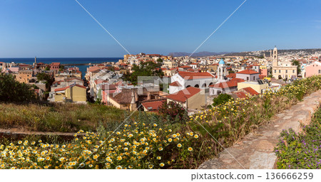 Panoramic View of Old Town and Harbor in Chania Crete Greece 136666259