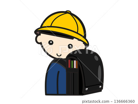 An elementary school boy wearing a yellow hat and a black school bag An elementary school boy wearing a yellow hat and a black school bag 136666360
