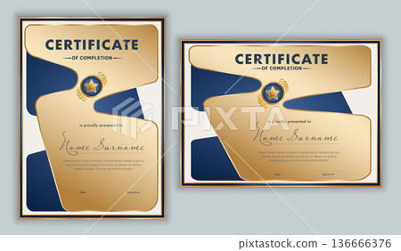 Elegant blue and gold certificate of completion template for corporate training and business courses Elegant blue and gold certificate of completion template for corporate training and business courses 136666376