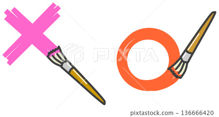 用畫筆沾取水性或油性顏料繪製的圓形和X的插圖 136666420