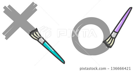 Illustration of a circle and an X drawn with a brush using water-based or oil-based paint Illustration of a circle and an X drawn with a brush using water-based or oil-based paint 136666421