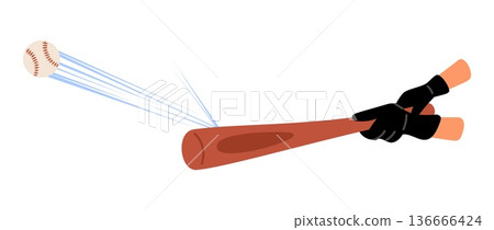 Baseball flies away from impact of bat. Sport championship. Hands hitting ball. Sportsman gesture. Beat at softball. American team play. Player exercise arm motion. Vector game situation 136666424