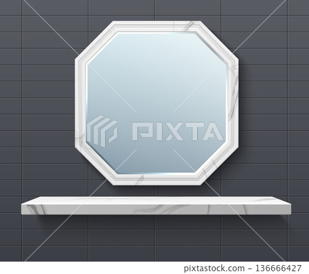 Bathroom interior with empty marble shelf and large mirror. Clean shelving at toilet tiled wall. Home restroom furniture. Hexagon reflecting surface. Vector realistic room furnishing Bathroom interior with empty marble shelf and large mirror. Clean shelving at toilet tiled wall. Home restroom furniture. Hexagon reflecting surface. Vector realistic room furnishing 136666427
