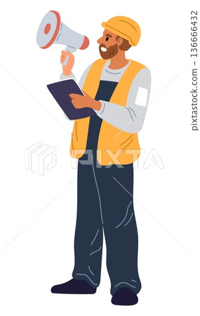 Construction company employee in protective clothing. Builder with megaphone making important announcement. Foreman speaking through loudspeaker. Man engineer announce. Vector concept 136666432