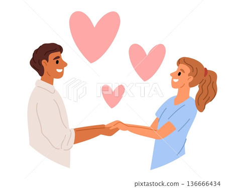 Couple in love. Man and woman holding hands. Romantic relationship. Passion between two happy people. Pink hearts. Boyfriend and girlfriend standing together for dating. Vector concept Couple in love. Man and woman holding hands. Romantic relationship. Passion between two happy people. Pink hearts. Boyfriend and girlfriend standing together for dating. Vector concept 136666434