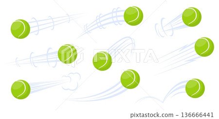 Flying green balls for tennis with airflow marks. Flight stream curve trail. Color drawing track effect. Air flow and puff cloud. Orb hit movement. Speed motion jet traces vector set 136666441