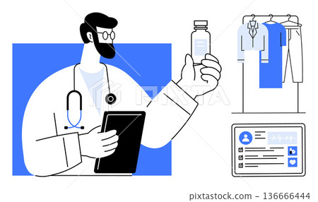 Healthcare, telemedicine, e-prescription, identity verification, online medical records, data security. Doctor holding medicine bottle and tablet. Healthcare and telemedicine concept 136666444