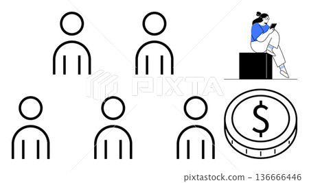 Team collaboration, financial planning, user engagement, online communication, digital economy, workplace dynamics. Abstract icons of people, a seated person on a block using a phone, and a money Team collaboration, financial planning, user engagement, online communication, digital economy, workplace dynamics. Abstract icons of people, a seated person on a block using a phone, and a money 136666446