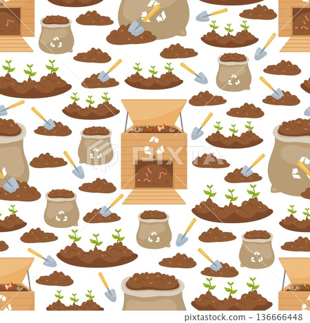 Gardening seamless pattern. Growing seedlings. Compost bin and bags. Reusable rotten garbage. Soil humusing. Fertilizing with biodegradable waste. Ground digging. Vector background Gardening seamless pattern. Growing seedlings. Compost bin and bags. Reusable rotten garbage. Soil humusing. Fertilizing with biodegradable waste. Ground digging. Vector background 136666448
