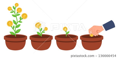 Growth stages of money tree from planting gold coin seed to large bush with coins. Businessman hand growing seedling. Progress steps. Investment profit. Plants in pots. Vector concept Growth stages of money tree from planting gold coin seed to large bush with coins. Businessman hand growing seedling. Progress steps. Investment profit. Plants in pots. Vector concept 136666454