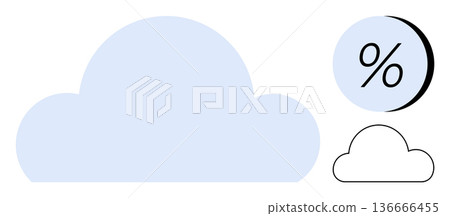 Cloud storage, data analysis, weather forecasting, digital communication, remote computing, management tools. Large cloud shape and percentage symbol beside a small cloud icon. Cloud storage and data Cloud storage, data analysis, weather forecasting, digital communication, remote computing, management tools. Large cloud shape and percentage symbol beside a small cloud icon. Cloud storage and data 136666455