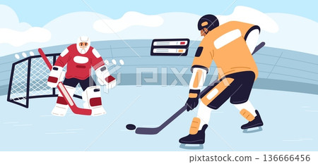 Hockey forward and goalkeeper in goal. Penalty shot at gate. Winter game competition. Athletic championship. Skaters play. Athletes team with clubs fight for puck. Vector sport match 136666456
