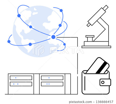 Technology, global communication, data security, fintech, science, commerce. A globe with nodes, servers wallet with cards and microscope. Technology and global communication concept Technology, global communication, data security, fintech, science, commerce. A globe with nodes, servers wallet with cards and microscope. Technology and global communication concept 136666457