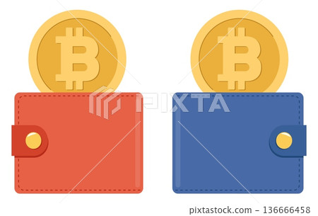 Hot and cold wallet for storing cryptocurrency or Bitcoin. Blockchain technology. Pouch with golden BTC token. Ecommerce cash. Fintech payment. Vector set of virtual e-wallet icons Hot and cold wallet for storing cryptocurrency or Bitcoin. Blockchain technology. Pouch with golden BTC token. Ecommerce cash. Fintech payment. Vector set of virtual e-wallet icons 136666458